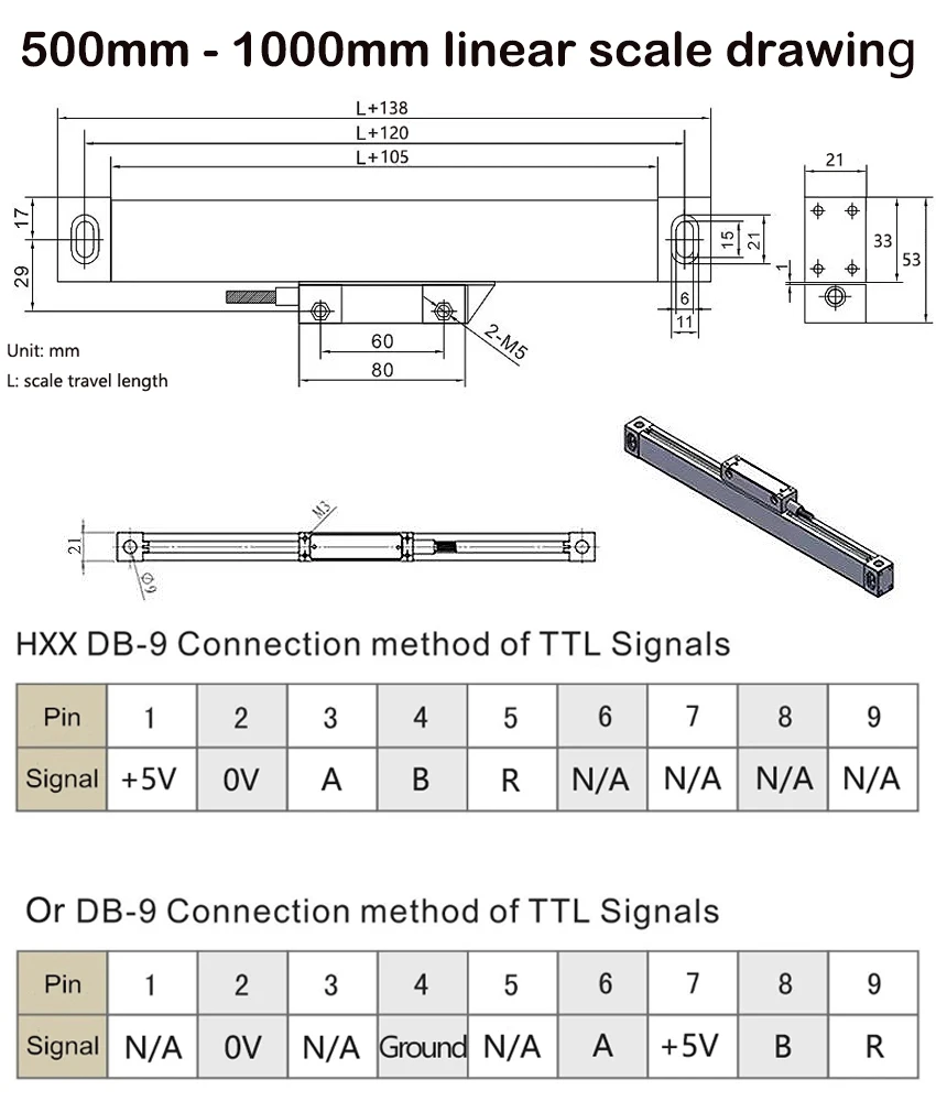 HXX High Accuracy 0.001mm TTL 5VDC 500 600 650 700 750 800 850 900 1000mm Linear Scale 1um Optical Encoder Optical Grating Ruler