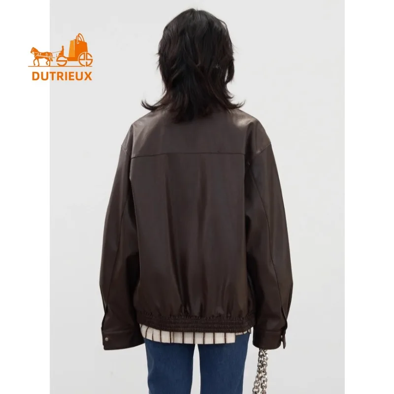 Winter Women's Neutral Style Cool Stand Collar Quilted Leather Jacket, 100% Genuine Sheepskin Intellectual and Fashionable Coat