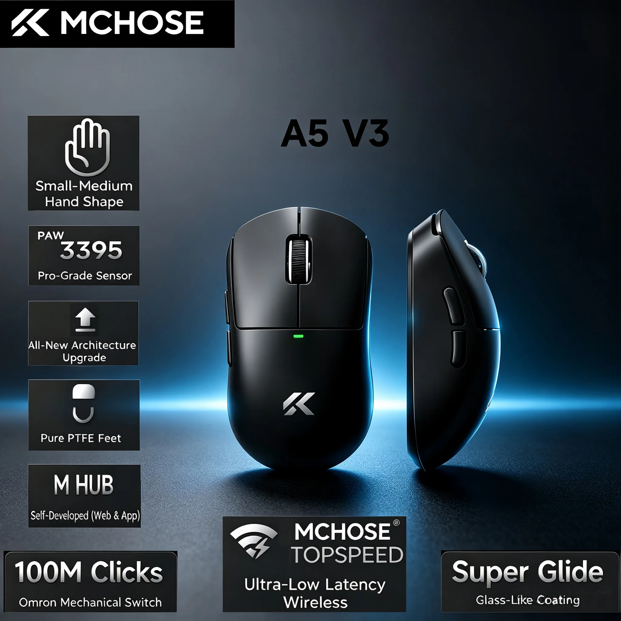 MCHOSE A5 V3 56g Ultra Light Dual  8K Wireless Gaming Mouse Tri-Mode PAW3395 Sensor TOPSPEED Wireless Tech Ergonomic  500mAh