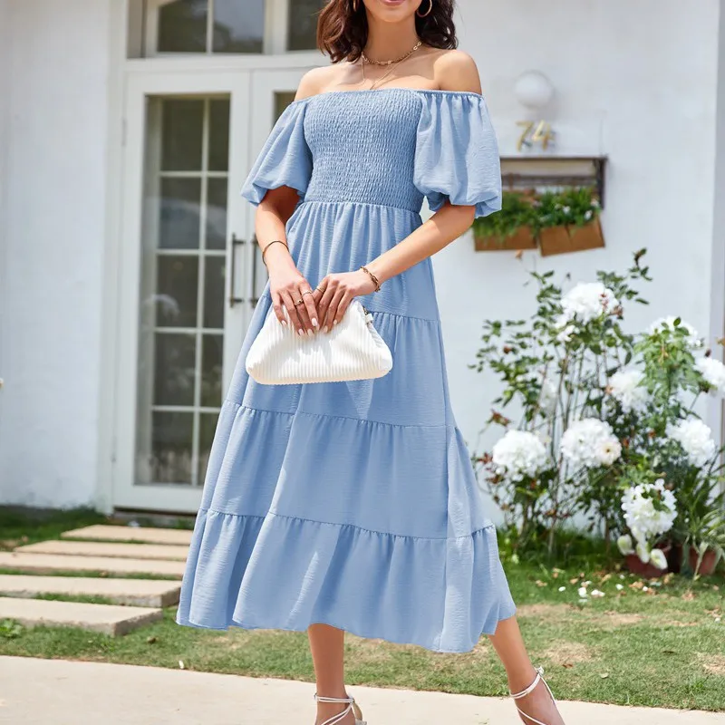 Women's Elegant Dress Solid Colour Square Neck Backless Bubble Sleeve Pleated Short Sleeve Dresses Fashion All-match Date Dress image 3