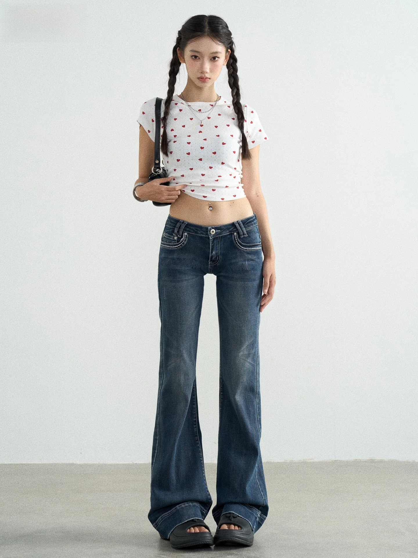 

American Sle High Elastic Low Waist Bell Bot Jeans Women's Floor Length Waed Blue Denim Pants Slim Fit All Seasons