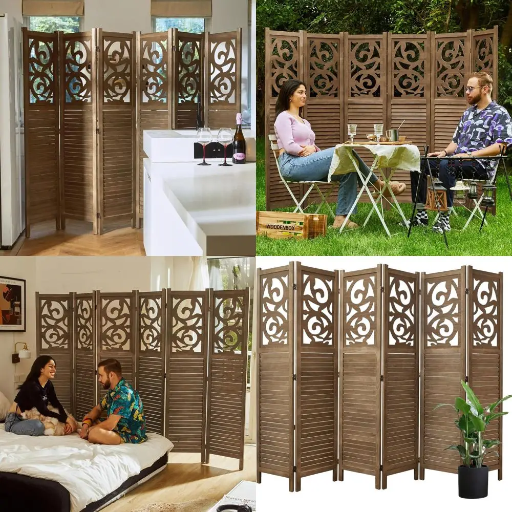 6 Panel Dark Brown Wood Carved Folding Screen for Home, Office, and Garden - 67 x 90 Indoor Portable Divider