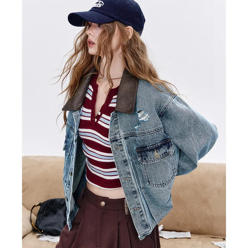 ELFSACK 2025 Autumn New Arrival Streetwear Washed Distressed Embroidery Loose Denim Jacket For Woman