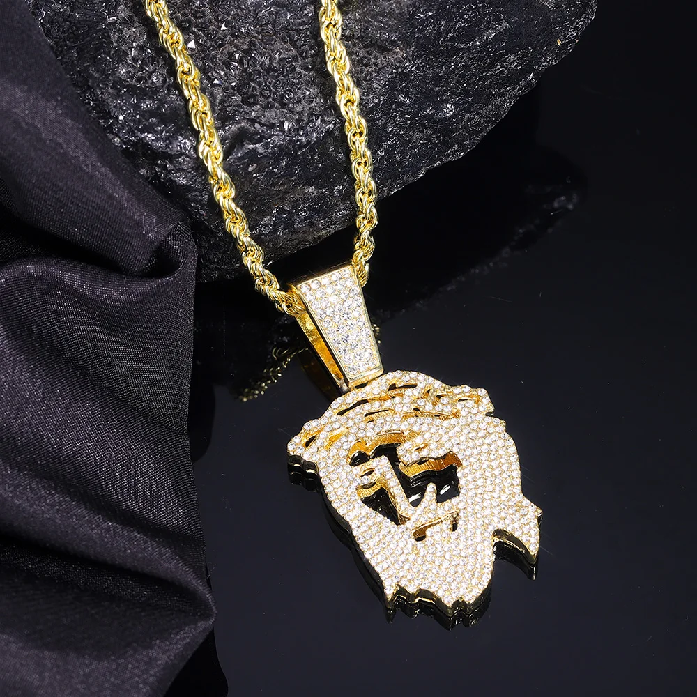 Creative JESUS Christ Head Face Pendant High Quality Charm With Iced Out 4mm Rope Chain Necklace Fashion Exquisite Hip Hop Jewel