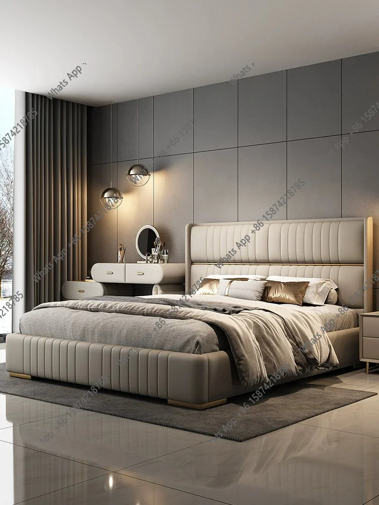 

Premium sense light luxury high backrest thin bedside leather master bedroom big bed first layer cowhide cotton and linen fabric