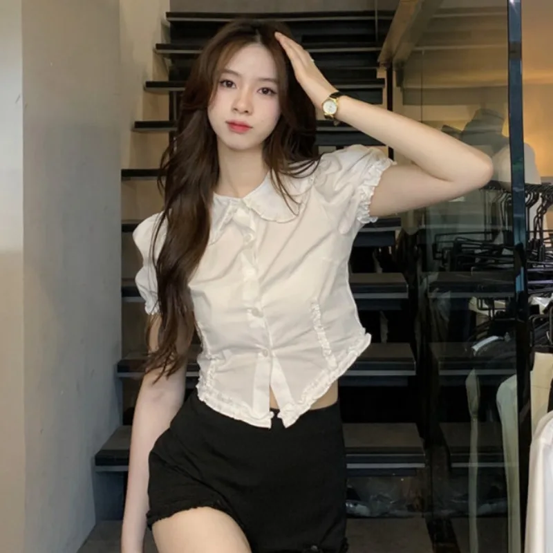 Shirts Women Preppy Style Peter Pan Collar Fashion Slim Puff Sleeve Chic Y2k College Summer Sweet Girlish Crops Blusas Kawaii