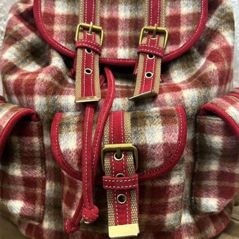 Korea Fashion Retro Red Plaid Cute Tweed Backpack Women Autumn Winter Christmas New Year Y2k Large Capacity Drawstring Schoolbag