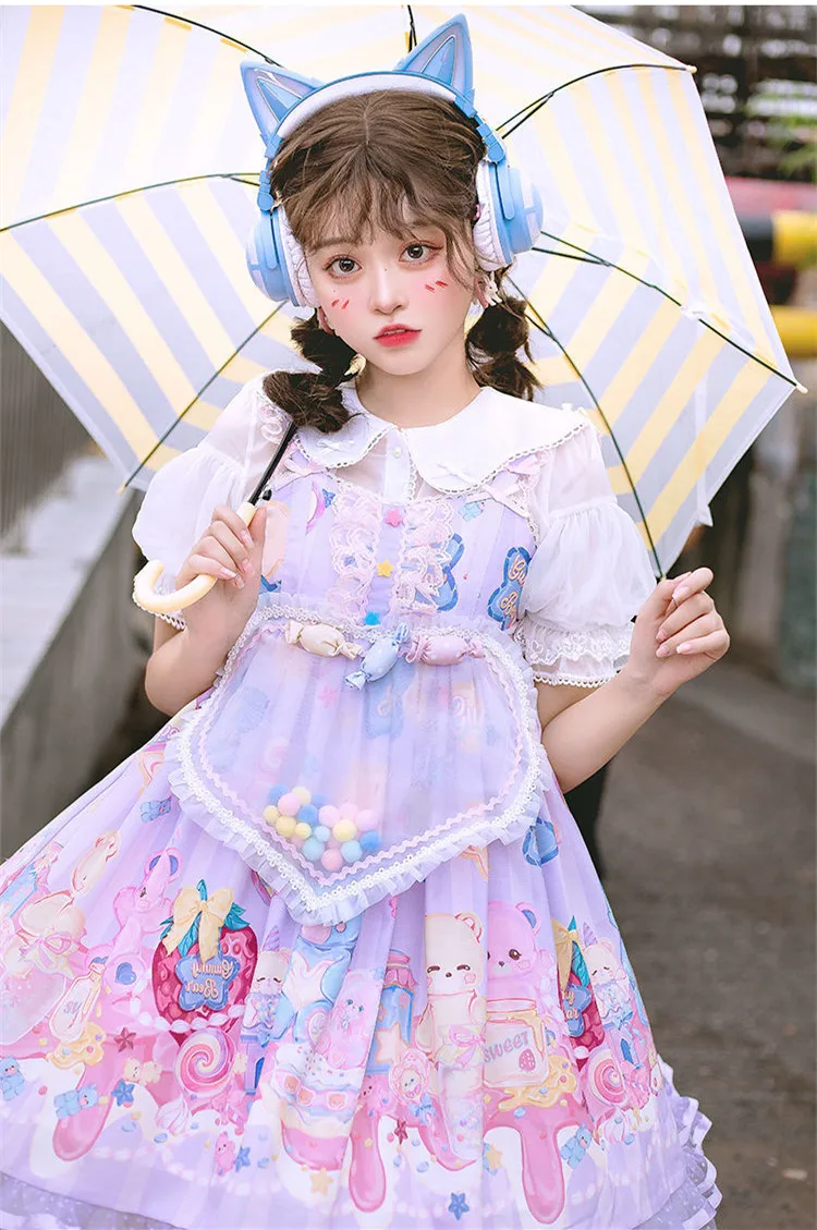 Robe à volants de style manoir Sweet Girl Cosplay, Lolita Jsk, tablier d'amour de bonbons mignons, imprimé ours Kawaii, nœud en dentelle, bouton étoile, pois