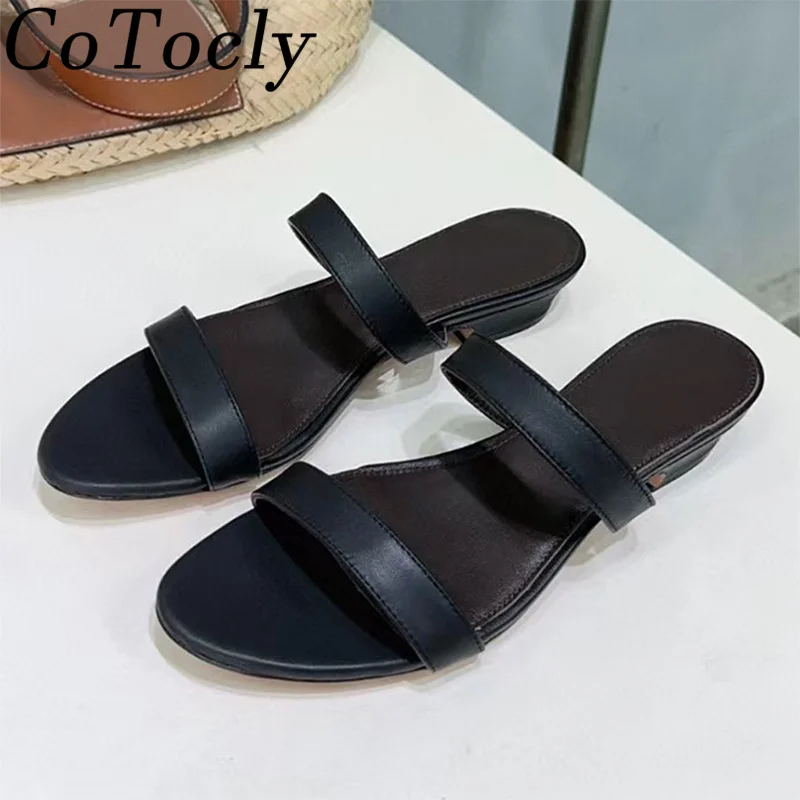 

Hot Sales Slippers Women Square Heels Slides Genuine Leather Summer Mules Shoes Woman Low Heels Modern Slippers Woman