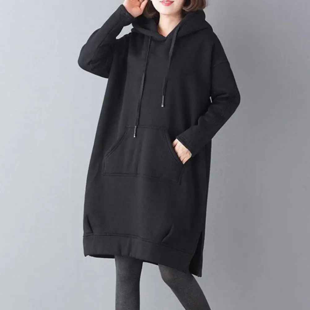 Cozy Plush Hoodie Women Thickened Hoodie Cozy Knee-length Plush Pullover Hoodie with Drawstring Hem Big Pocket for Women Warm