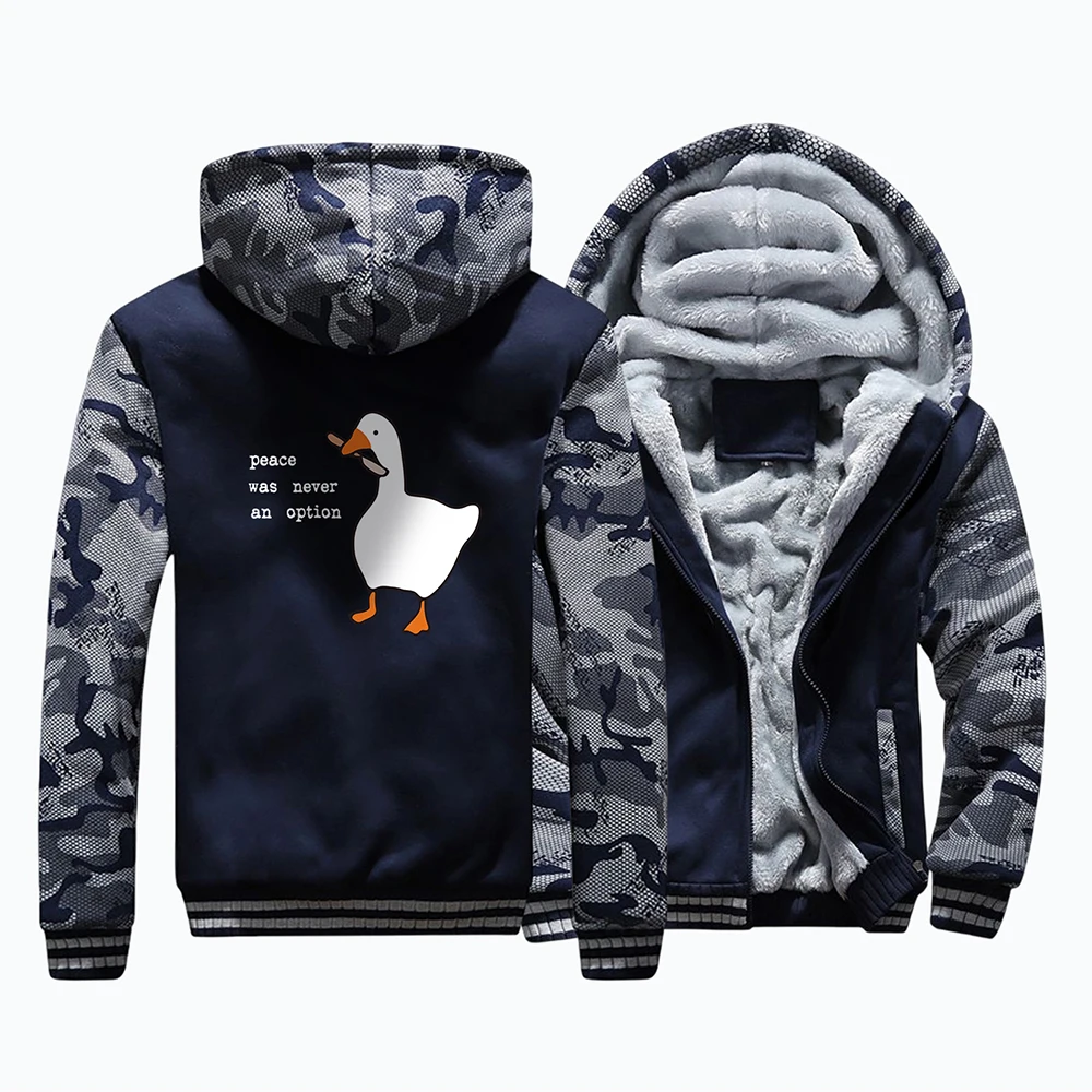 Peace Was Never An Option Cartoon Duck Prints Tracksuit Men Winter Thick Warm Jackets Zipper Hoody Fashion Fleece Hooded