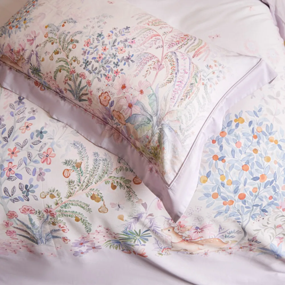 Pure Cotton Flower Printing Four-piece Set Wide-edge Flat/Fitted Bed Sheet Quilt Cover Pillowcases Bedding Set Home Textiles 3