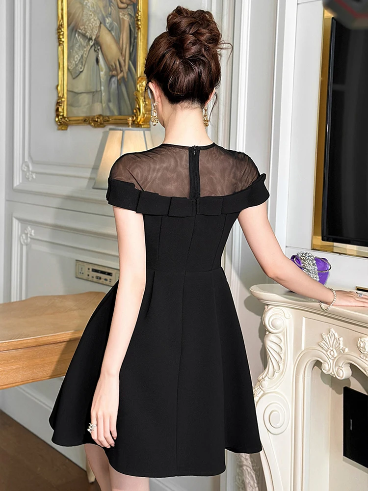 여성용 프렌치 섹시 나이트 아웃 드레스 귀여운 시스루 메쉬 스플라이스 스윙 볼 가운 생일 파티 클럽 베스티도 데이트 로브