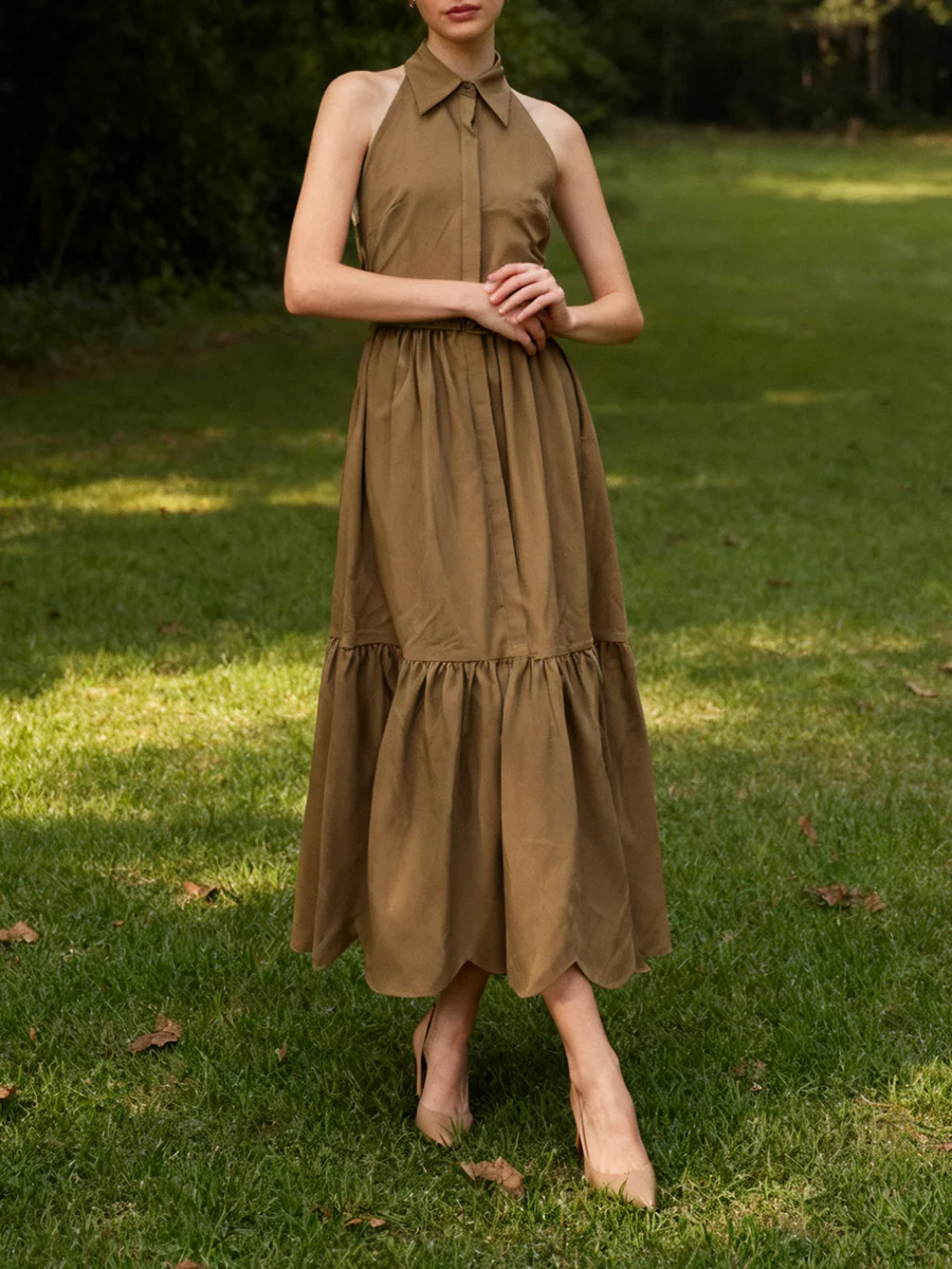 VGH Elegante strandstijl lange jurken voor vrouwen revers mouwloze hoge taille gesplitste riem gedrapeerde casual jurk vrouwelijke mode nieuw