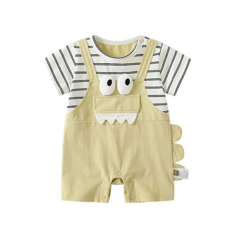 

MINISO Summer Baby Boy Striped Strap Faux Two Piece Romper Short Sleeve Cotton Bodysuits Cute Newborn Crawling Clothes 0-1 years