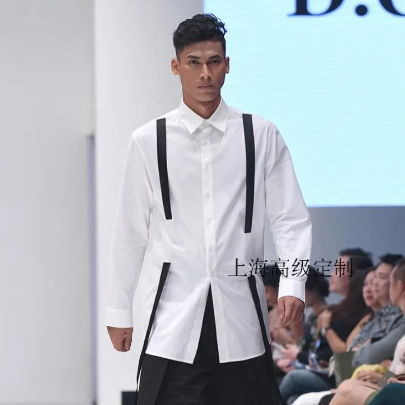 Men Fashion Casual Long Sleeved Shirt Slim Fit Male Catwalks Ribbon Design Dress Shirts 2022 Brand Men Clothing Soft Comfortable