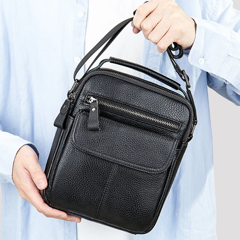 Business genuine leather shoulder bag, top layer of cowhide, crossbody, medium-sized, with lychee pattern, men's bag