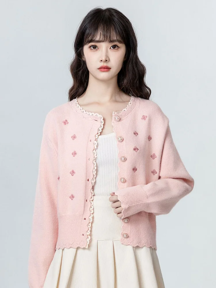 Cardigan rose en dentelle douce pour femmes, Slim, broderie, col rond, pull tricoté, mode coréenne, Style Preppy, hauts à manches longues, nouveau