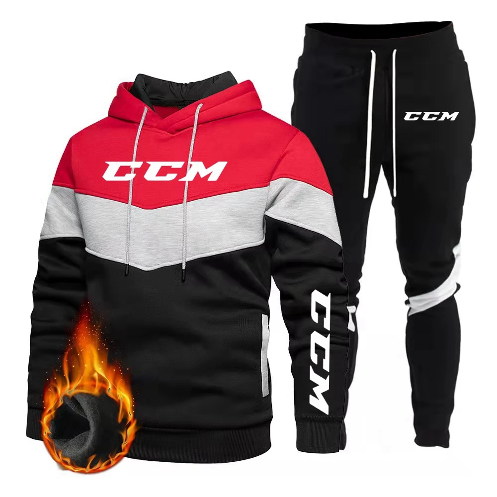 Conjunto de moletom com capuz masculino com velo, calça sanitária grossa e quente de 3 cores, moda primavera e outono, CCM