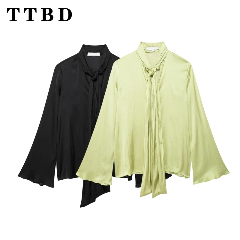 TTBD Woman's 2024 Autumn New Fashion Satin Long Sleeve Jumper Ladylike Chic V-Collar Shirt RUFFLES Blouses Solid Color Top