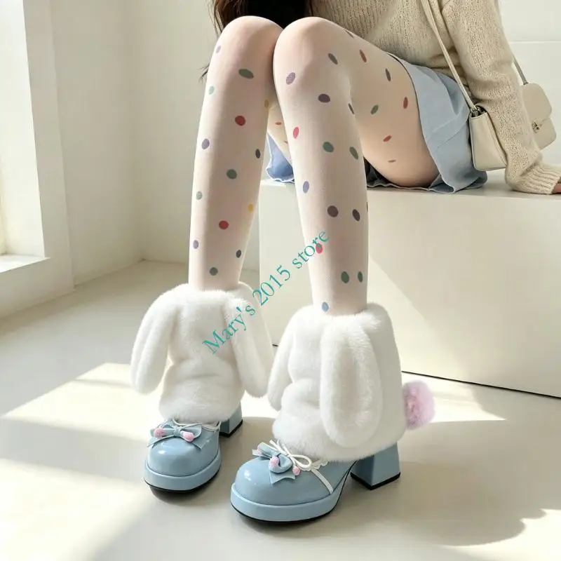 Plush Rabbit Ears Leg Warmers for Women with Dense Lining, Elastic Openings, Floppy Ears and Plush Tails for Cold-Weather Outfit