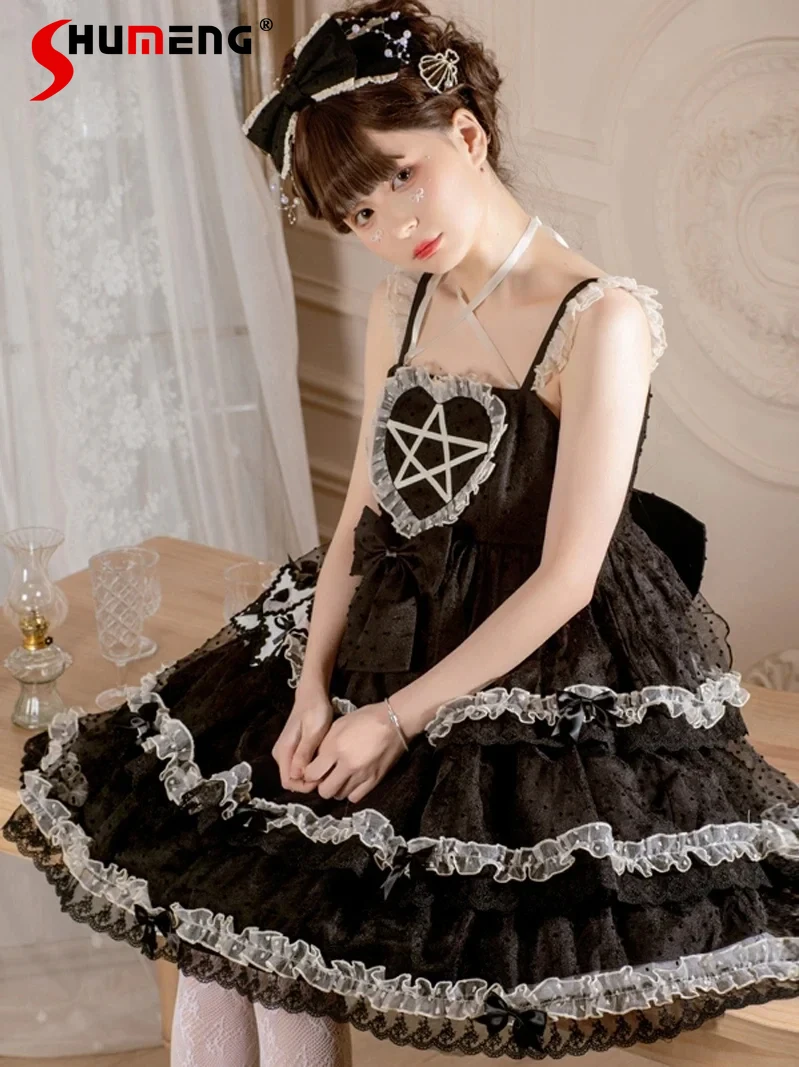 

Japanese Sweet Cute Lolita JSK Dress Dot Mesh Lace Stitching Bow Ruffles High Waist Slim Fit A-line Short Dress Women Summer