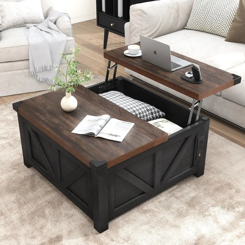 Farmhouse Lift Top Coffee Table with Storage,Wood Square Center Table with Charging Station&USB Ports, Living Room Central Desk