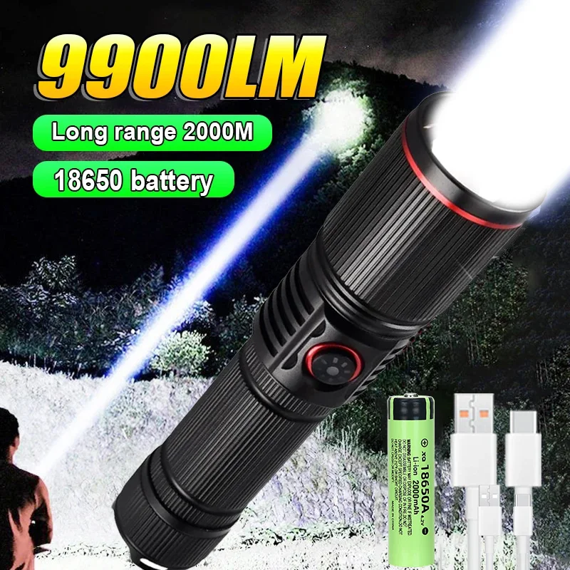 9900LM White Laser LED Flashlight Zoom Torch USB Rechargeable Light Outdoor Camping Hunting Fishing Walking Riding Lighting Lamp