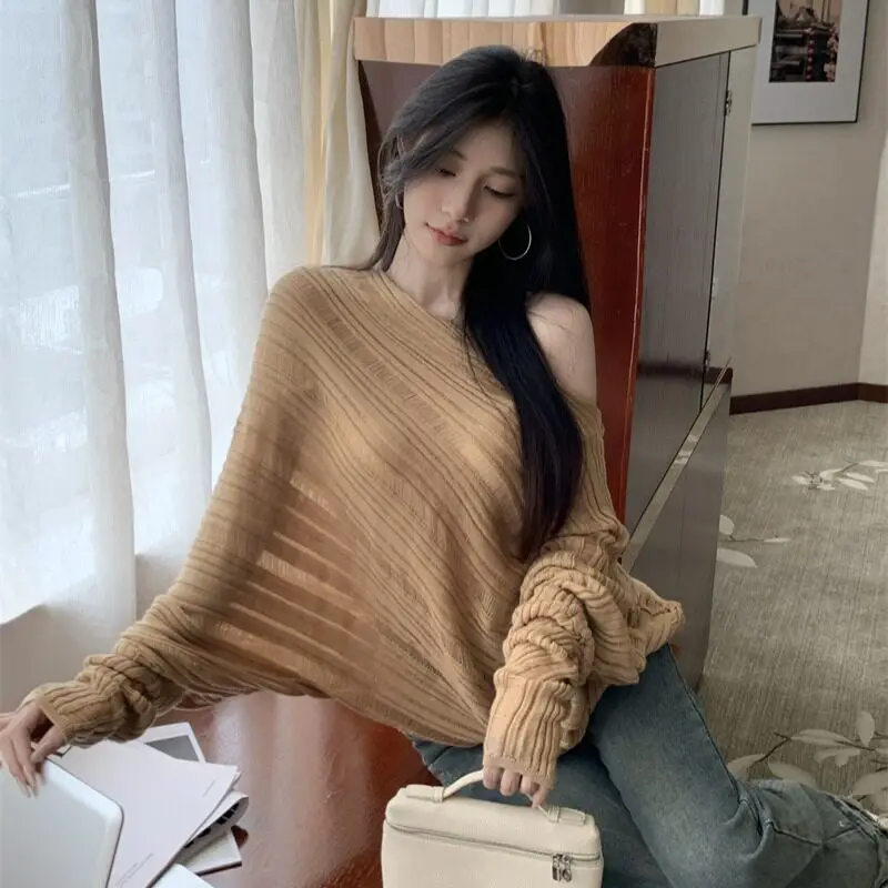 Chic Long Sleeve Knitted Sweater Women's Spring Autumn Cowl Neck Bat Style Casual Slimming Top Shoulder Texture Design