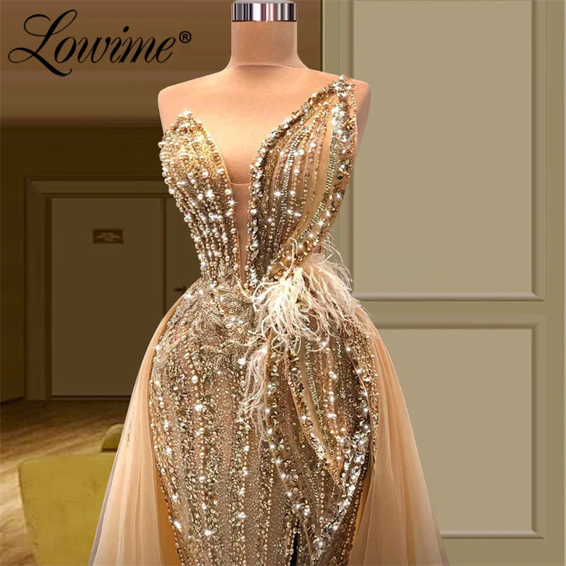 Lowime Champagne Nữ Elegent VÁY ĐẦM DẠ 2022 Dài Quần Sịp Đùi Thông Hơi Người Nổi Tiếng Đảng Đồ Bầu Nặng Đính Hạt Tự Làm Plus Đầm