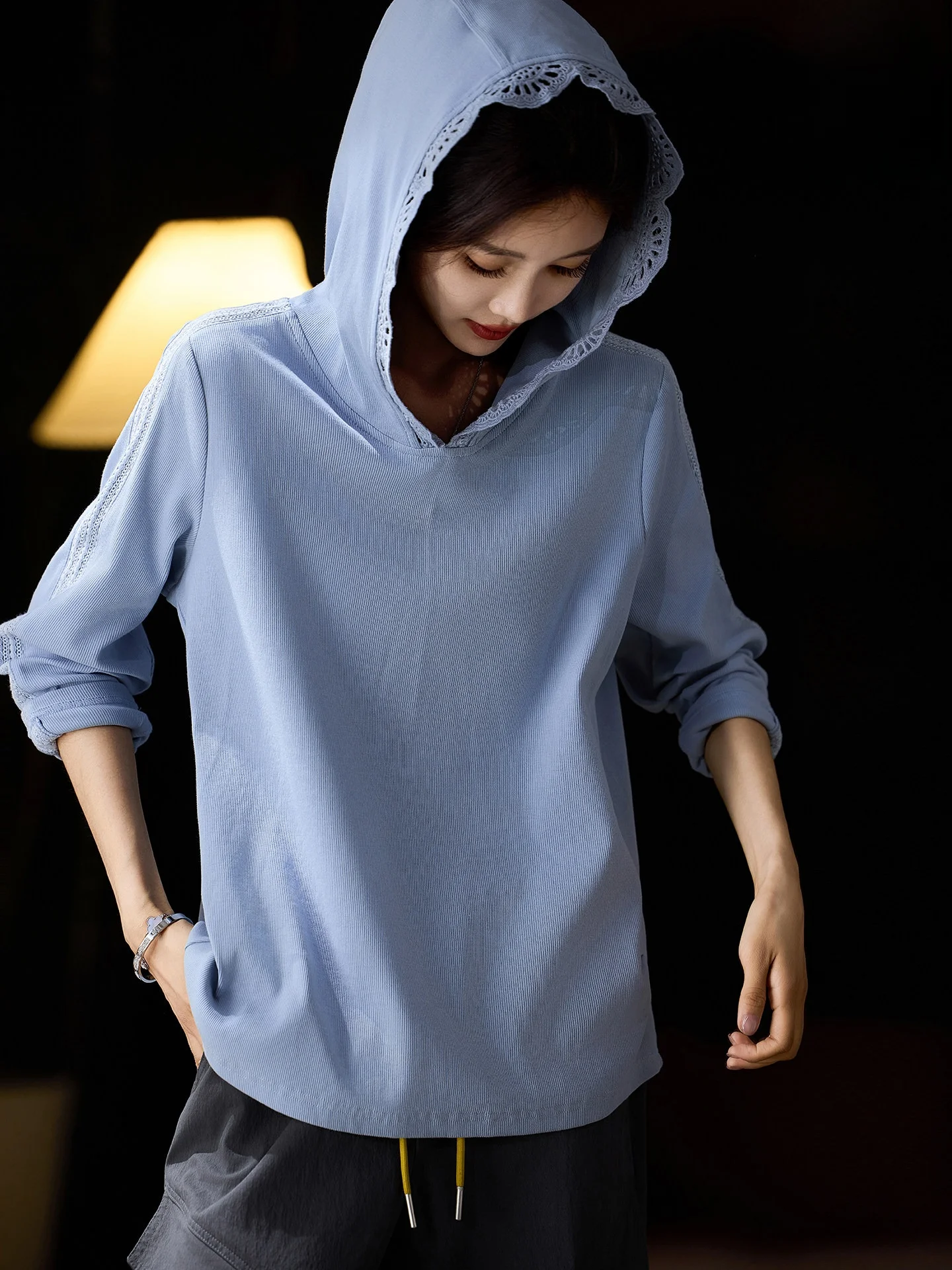 

Street Sle Loose Fit Lace Hoodie T-irt Women's Spring New plus Size Casual Cotton Polyester Color Ladies Top