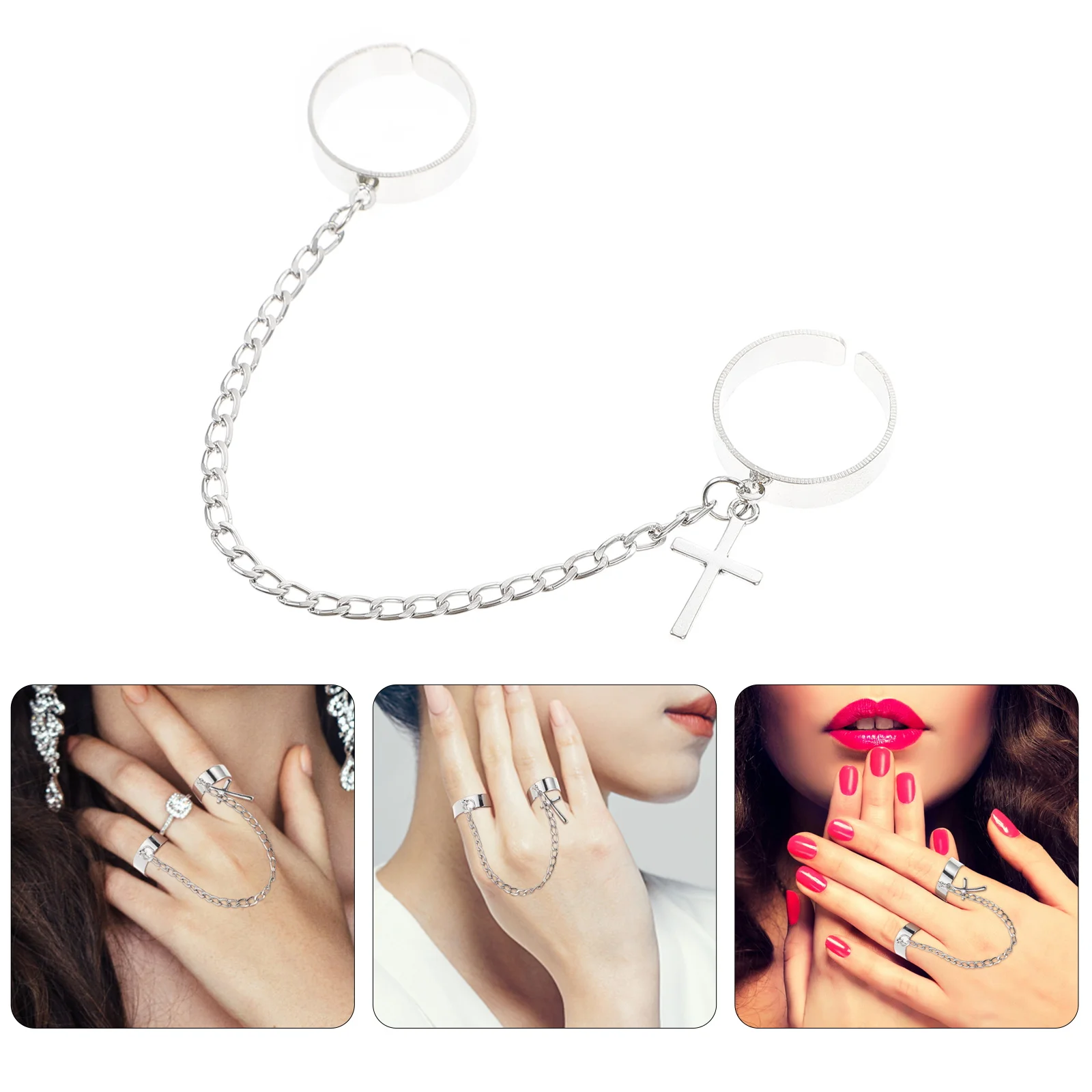 

Cross Mitten Ring Set Open Chain Knuckle Rings Vintage Gothic Link Ring for Men Women Bright Color Solid Design