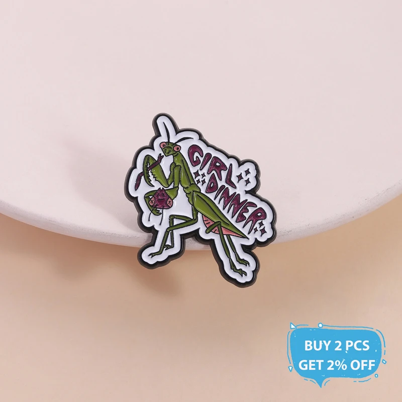 Praying Mantis Girl Dinner Enamel Pin Feminism Cartoon Bug Insect Brooch Lapel Badge Jewelry Accessories Gift for Friends