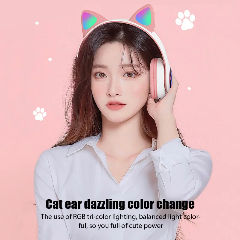 LED Cute Cat Ears Headphones Bluetooth Wireless Headset with Mic TF FM Kid Girl Stereo Music Earbud Kitten Earphone Gift