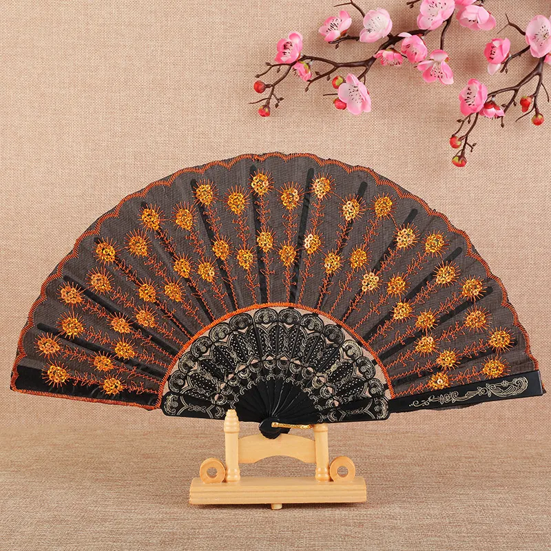 Black-Handled Sequin Fan, Chinese-Style Dance Fan, Peacock Tail Fan, Sequin Embroidered Fan, Wing Chun Fan