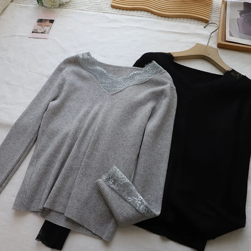 Winter Knitted Lace Top Women's Base Layer V-Ne Splicing Slimming Oats Color Warm Gentle Sle Faionable Innerwear