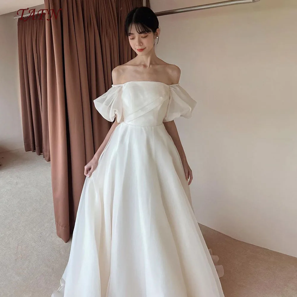 TAFN vestidos de recepción acampanados, cuello Barco, hombros descubiertos, vestidos de tiro de boda, vestido de novia elegante de manga corta