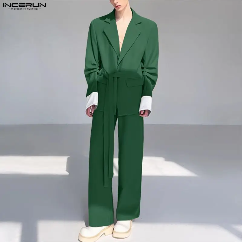 

INCERUN мужские комплекты в стиле пэчворк, пиджак с длинными рукавами и брюки с лацканами, комплекты из двух предметов, уличная одежда, свободные модные мужские повседневные костюмы 2025 года