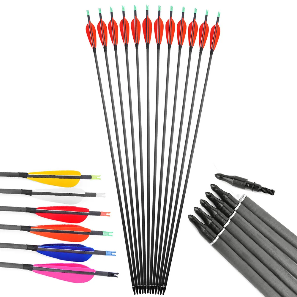 

6/12Pcs Archery Pure Carbon Arrow ID 6.2mm Spine 600 Arrow Shaft 4" Turkey Feather Recurve Compound Bow Hunting Shooting Arrow