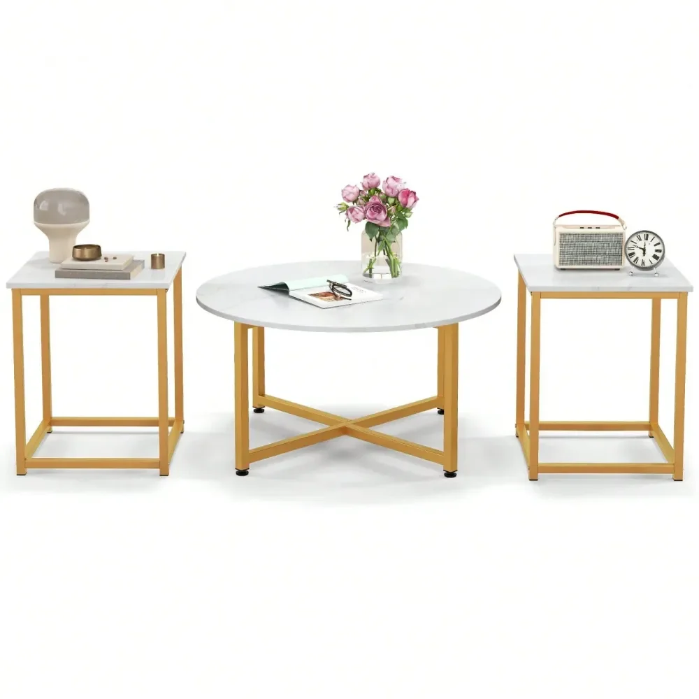 

3 PCS Coffee Table Set Round Coffee Table And 2PCS Square End Tables Metal Frame White