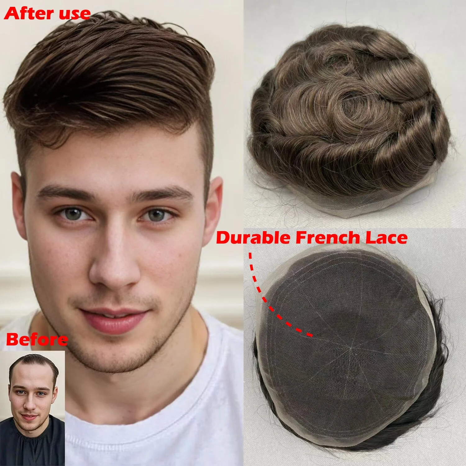 باروكة من شعر طبيعي دانتيل فرنسي كامل للرجال شعر مستعار مربوط يدويًا 120% كثافة 6 بوصة طول 8 × 10 قاعدة دانتيل قابل للتنفس لتساقط الشعر الصلع #1