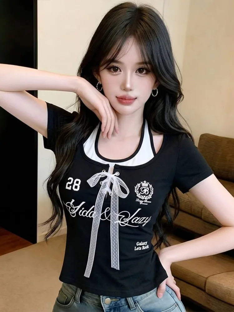 

American Style Spicy Girl Lace Tie Short Sleeve T-Shirt Women Summer Sweet Spicy Slimming Short Style Beautiful Small Shirt