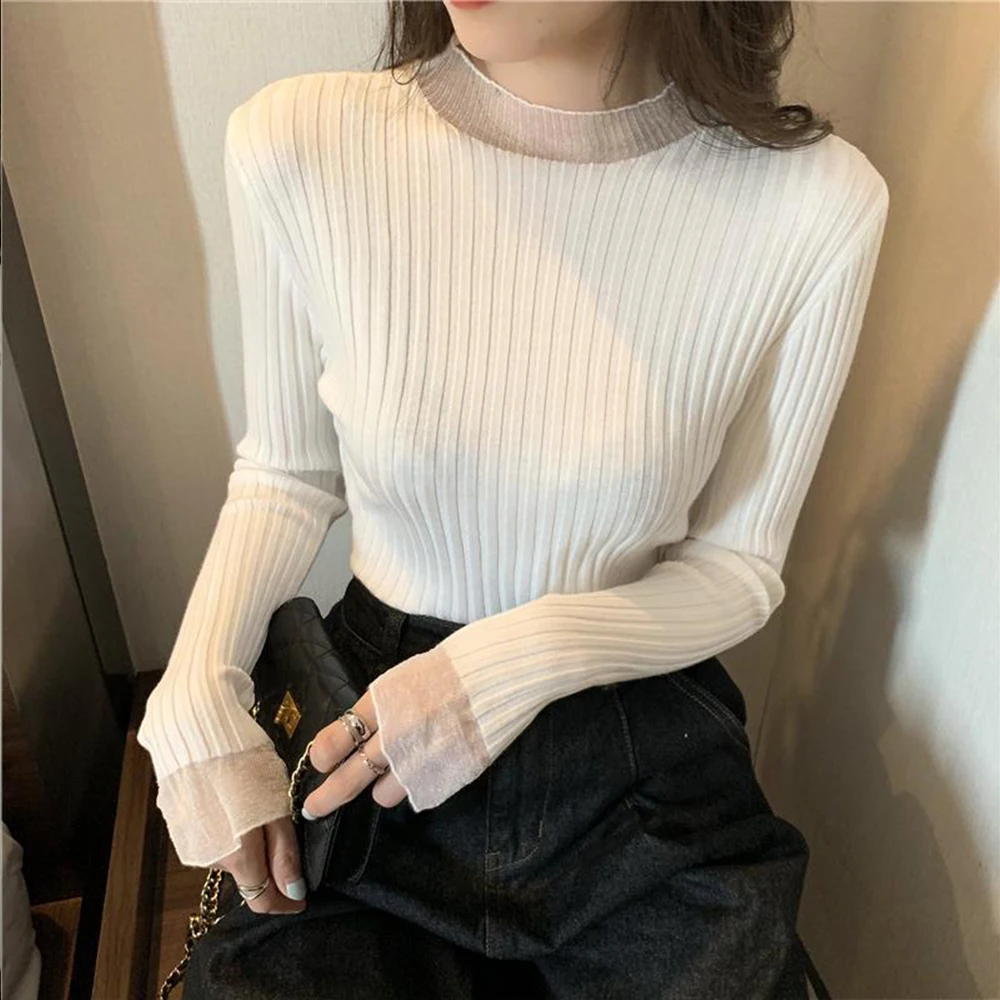 New Version Slim Fit Long Sleeves T Shirt Size s-xl Half High Neck Knitted Bottom T-Shirt For Solid Color Tees Sweaters Tops