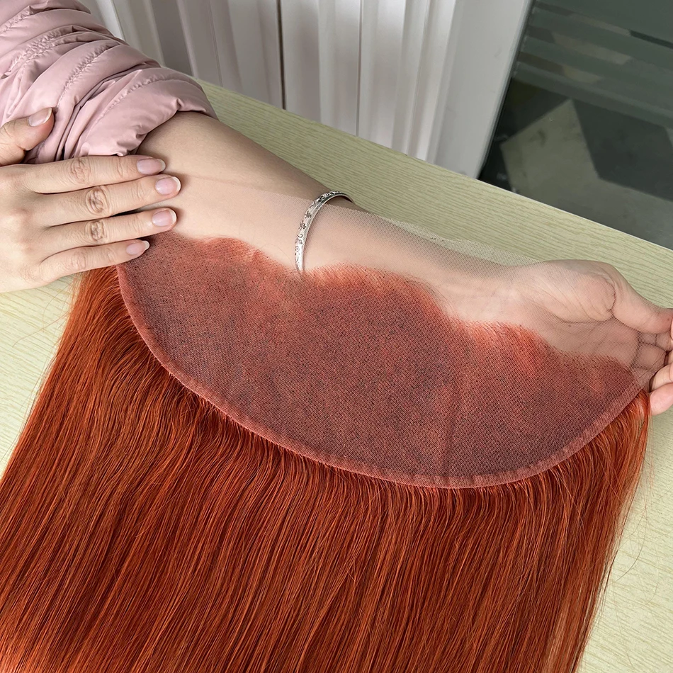 #350 Orange Ginger Colored Straight 13x4 Transparent Lace Frontal Human Hair Melt Skin Invisible Pre-Plucked Lace For Women