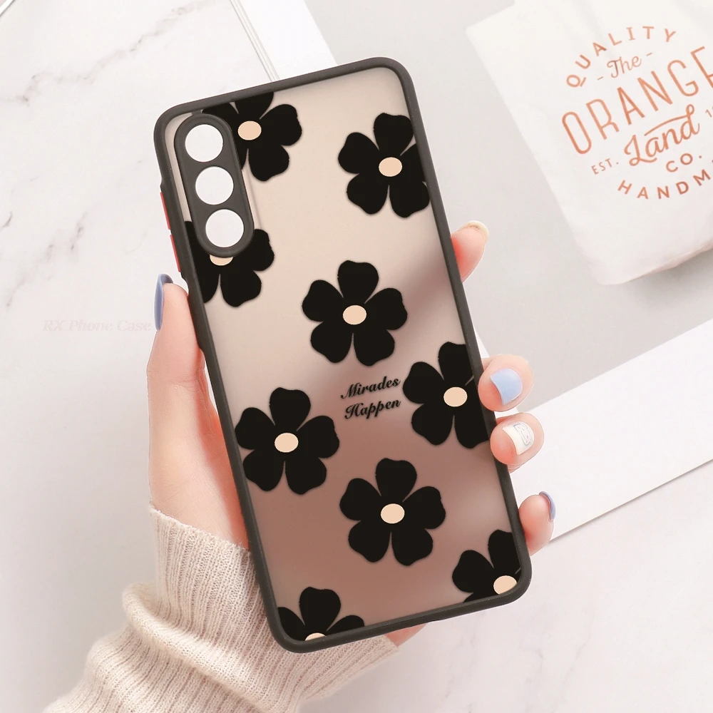 Minimal Black Flower Phone Case For Samsung S26 Ultra S25 Ultra S24 S23Plus S22 S21 A57 A56 A55 A36 Matte Silicone Bumper Cover