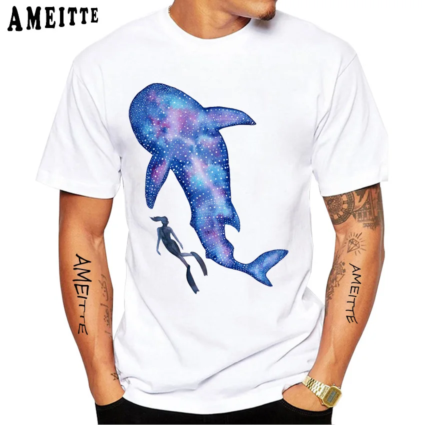 New Men Short Sleeve Humpback Whale & Diver Print Ocean Lovers Gifts T-shirt Summer White Casual Tees