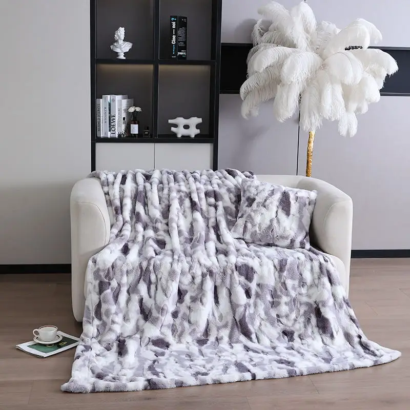 High weight imitation rabbit fur printed throw blanket double layer thickened blanket stylish warm sofa blanket