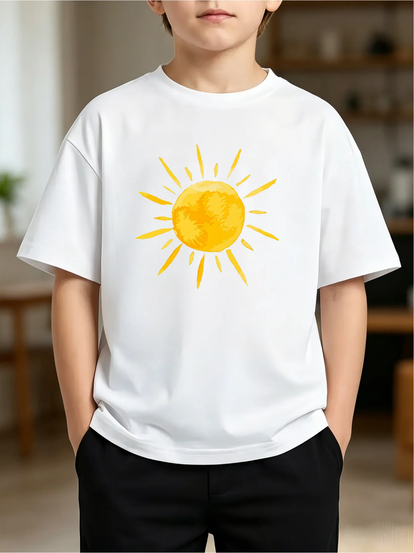 Minimalist Hand Drawn Golden Sun Graphic T Shirt Boys Girls Summer Short Sleeve Tee Family Matching Kids Daily Wear Cotton Tops