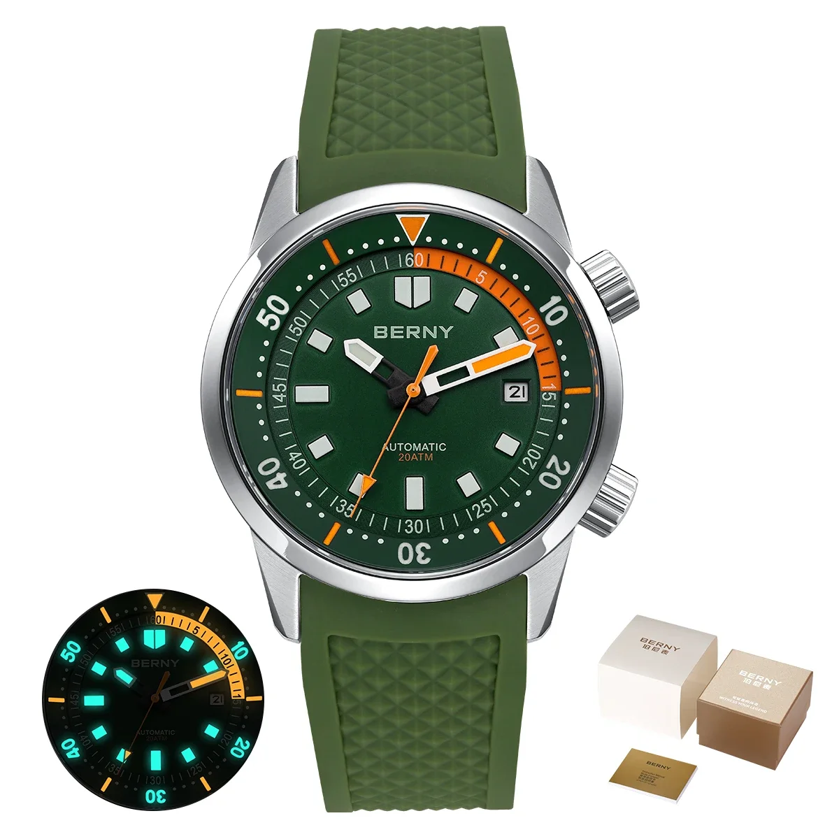 BERNY Herren-Taucheruhren, 200 m wasserdicht, superleuchtend, automatische mechanische Taucheruhr, 42 mm, Saphir-Schwimm-Tauch-Armbanduhr 5