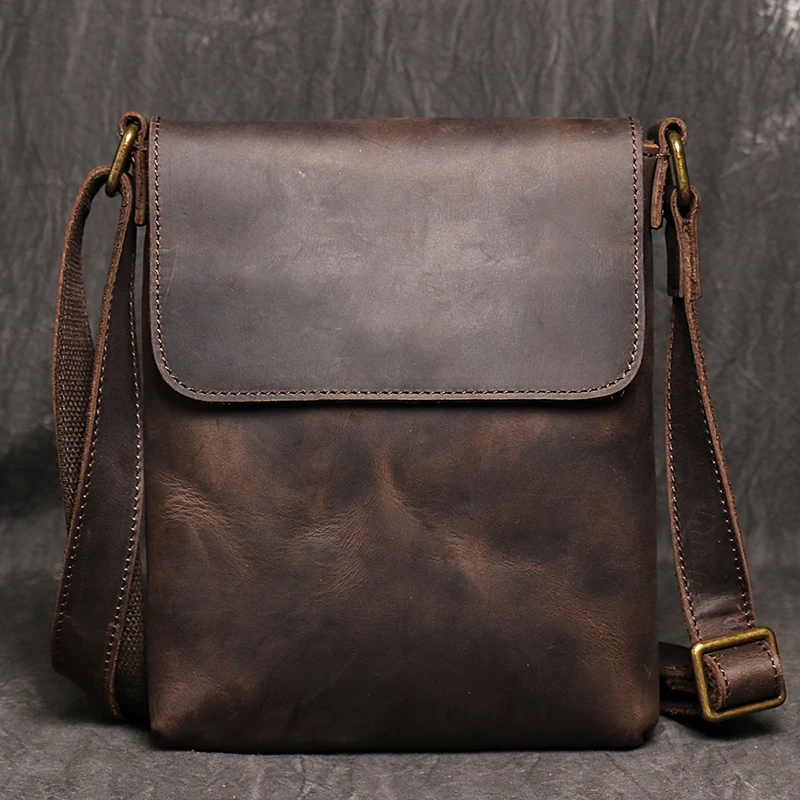 Vintage Genuine Leather Dark Crossbody Bag Phone Bag Fashion Sling Bag MEN'S Cowhide Shoulder Bag 7.9-inch iPad Bag